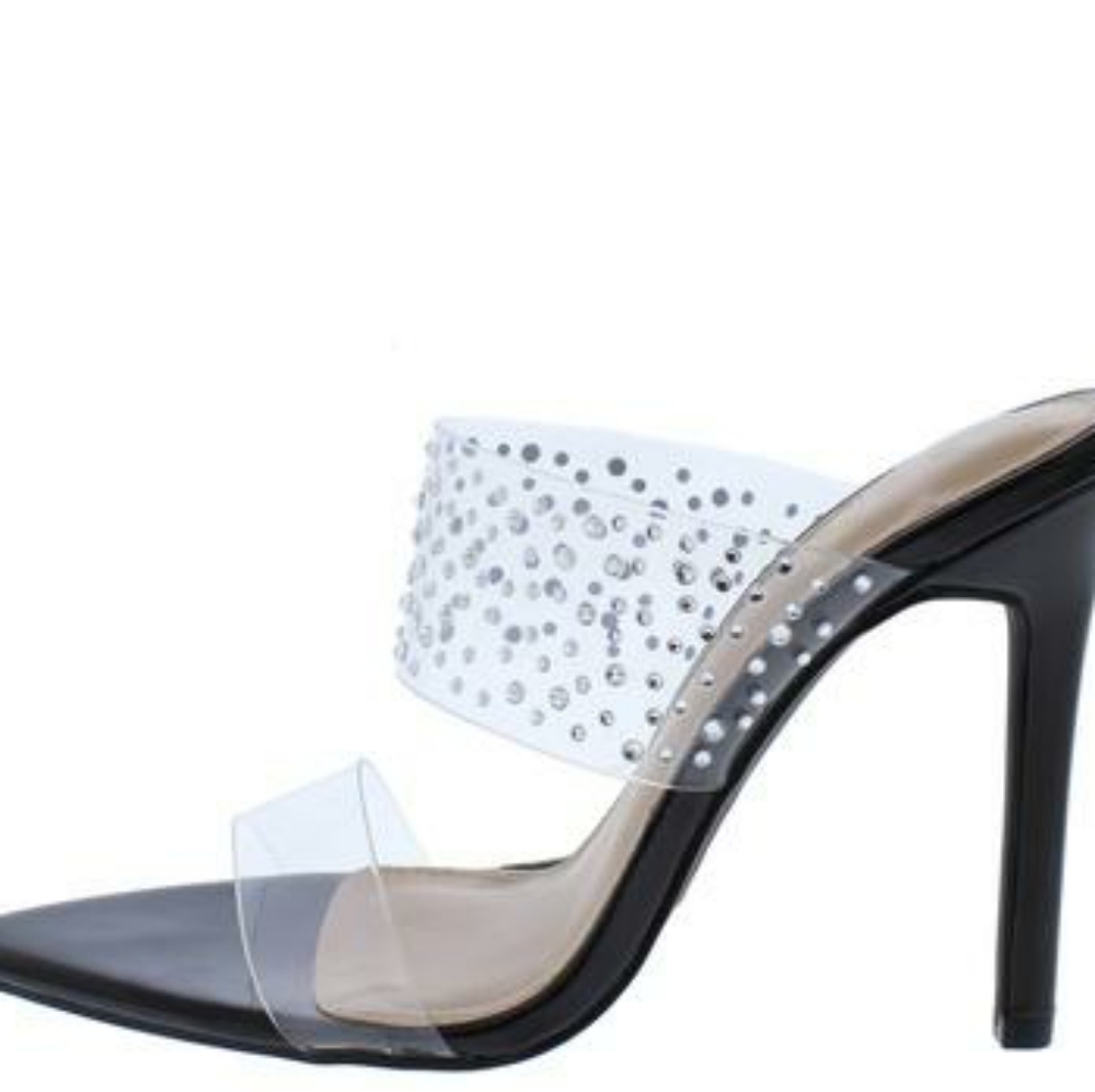 Black Clear Lucite Rhinestone Mule Heels | Pointed Toe Stiletto Sexy Transparent - Picture 4 of 10